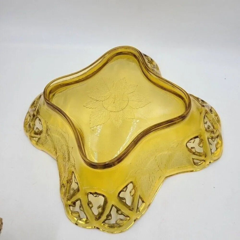 Vintage Art Glass Amber Harvest Gold Dish Scalloped Rose Embossed 11.5
